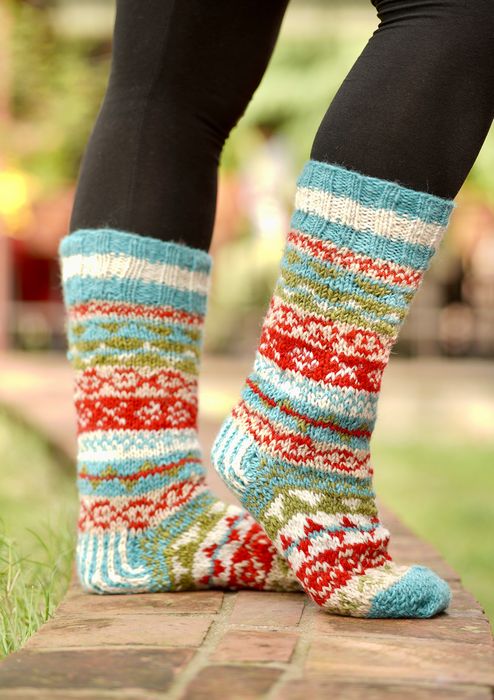 Blue and Red Multicolor Woolen Knee High Socks