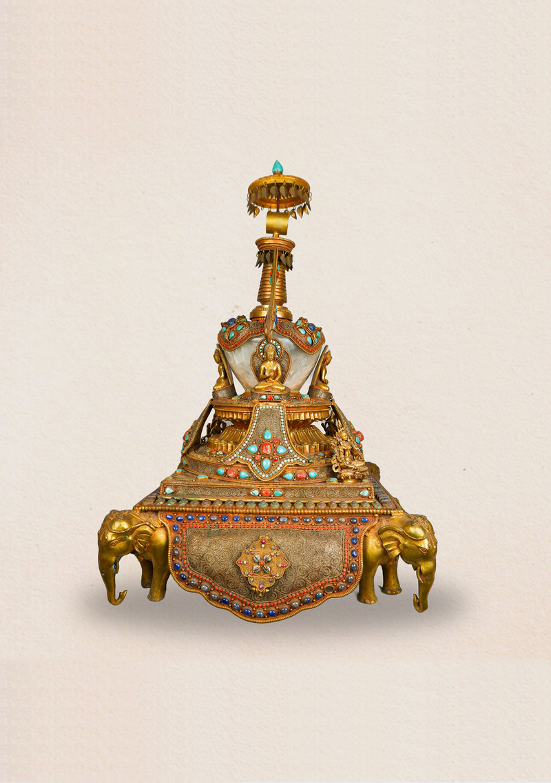 Elephant Guardian Serenity: Five Buddha Crystal Stupa Bowl Enhanced with Turquoise, Coral, and Lapis Lazuli Stones