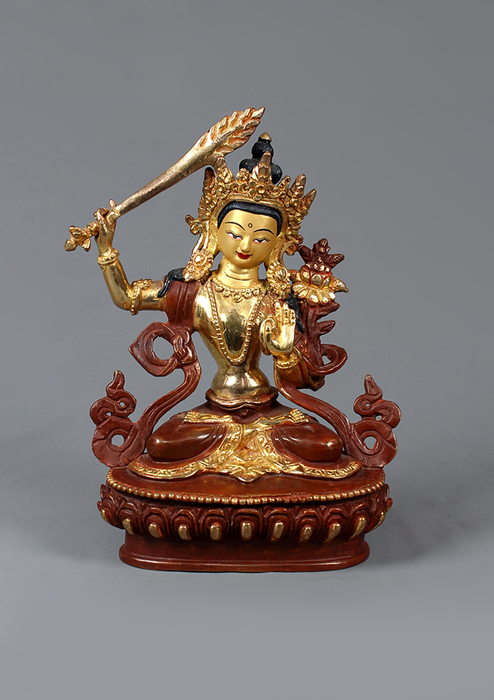 Manjushree Partly Gold Plated Statue 7" H