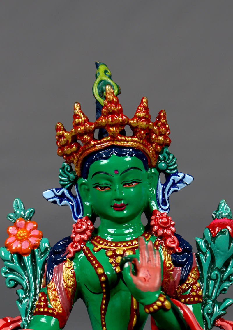 Hand Painted Copper Green Tara Statue 5"