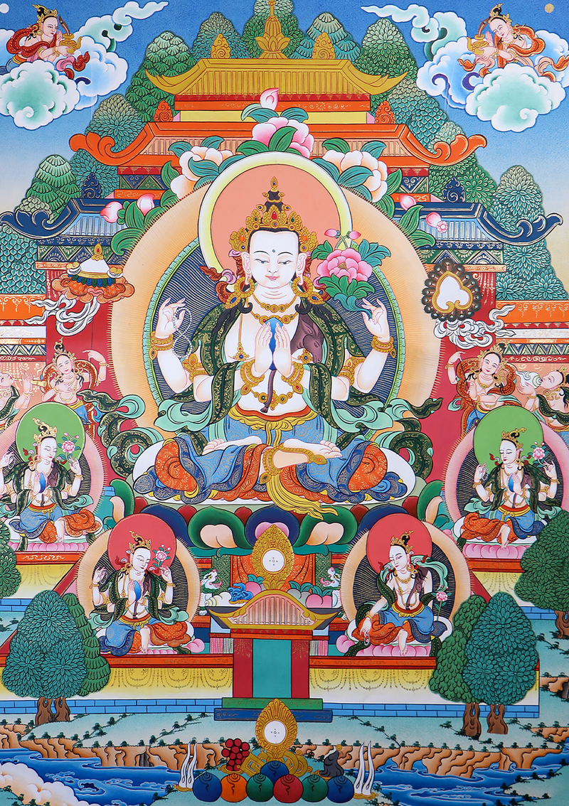 God of Compassion Chenrezig Tibetan Thangka Painting