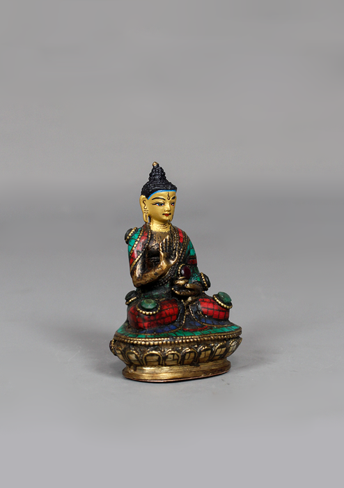 Stone Inlaid Copper Amoghasiddhi Buddha Statue 3.25" H