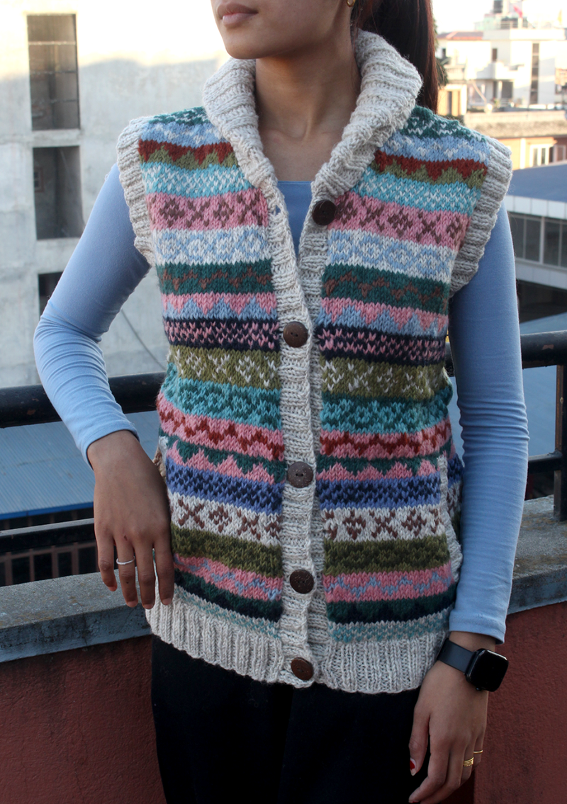 Pink Handknitted Women's Multicolor Cardigan Sweater
