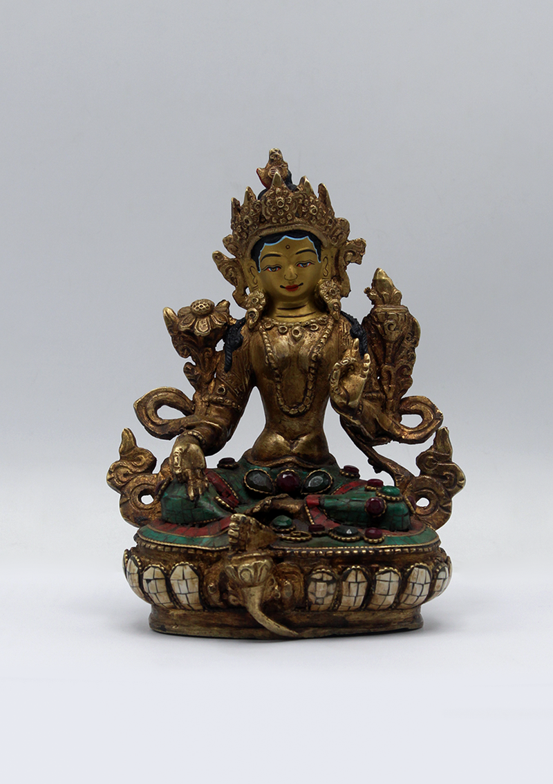 Stone Inlaid Copper Green Tara Statue 6"H (3)