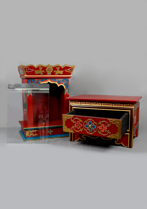 Handpainted Tibetan Wooden Shrine Box Table with Drawer
