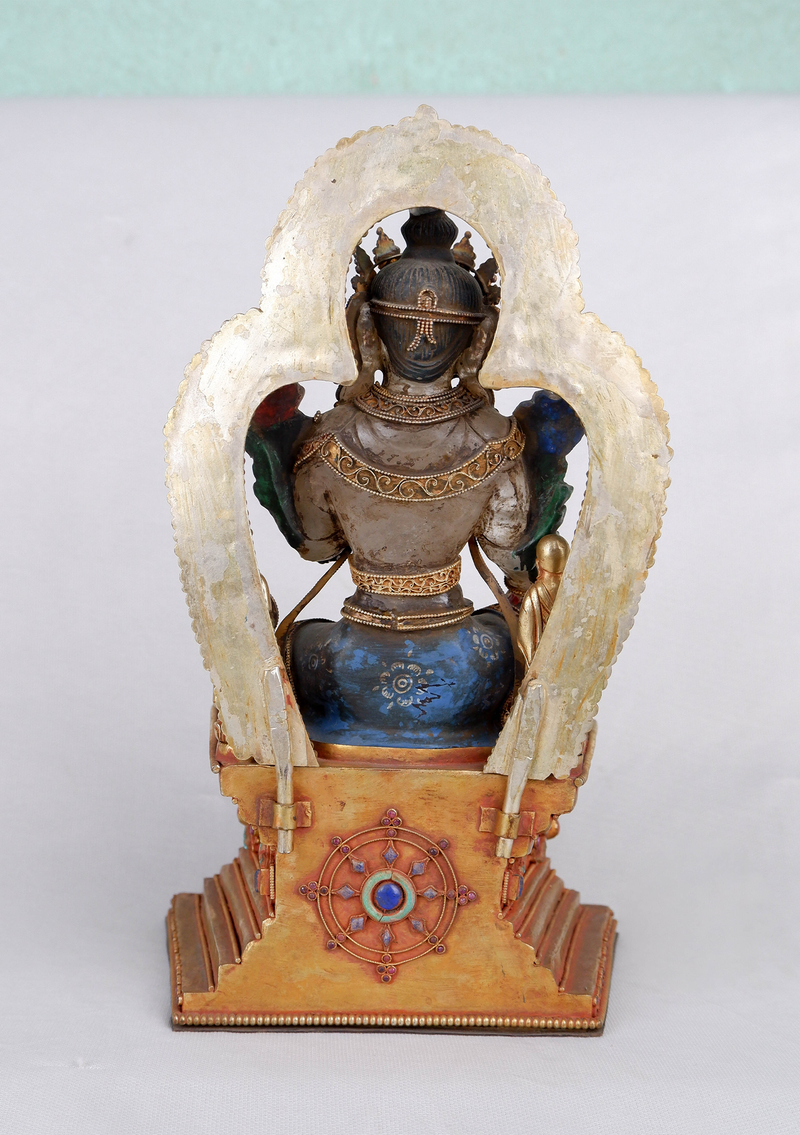 Crystal Green Tara Statue seated on the Double Lotus Throne