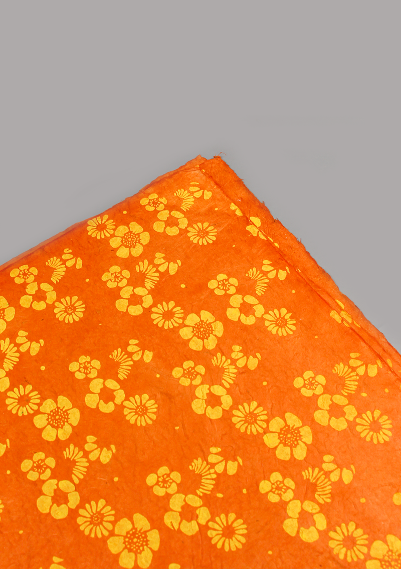 Flower Printed Yellow and Orange Lokta Paper Gift Wrap