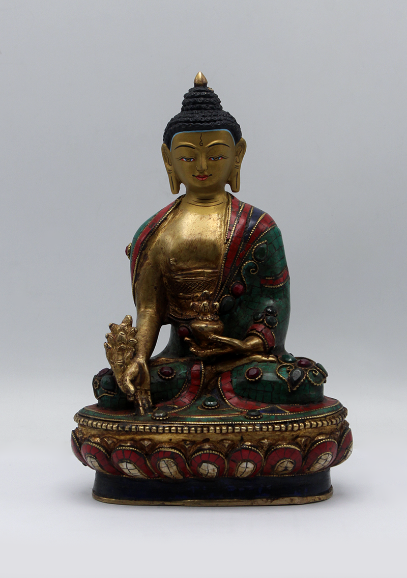 Stone Inlaid Copper Medicine Buddha Statue 8.5"H