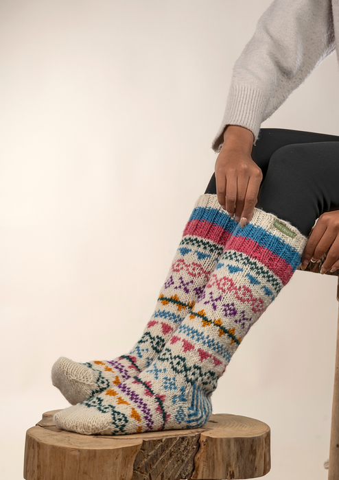 Blue and White Multicolor Woolen Knee High Socks