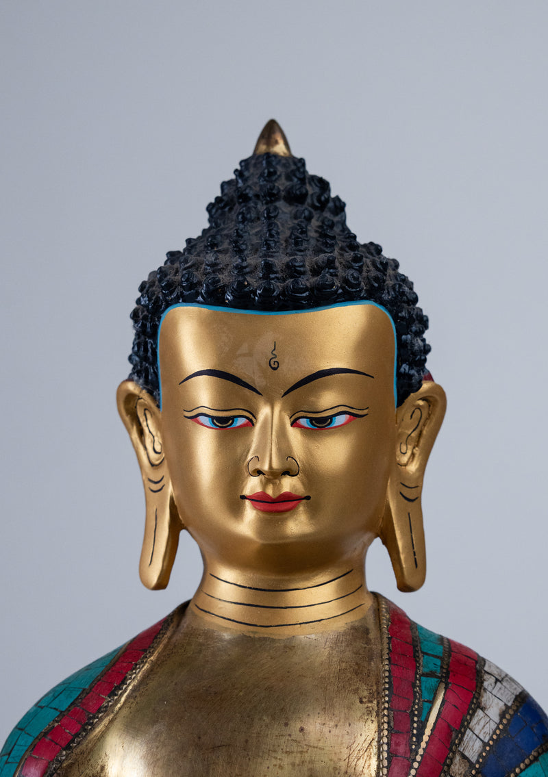 13" High Shakyamuni Buddha Statue Inlaid Turquoise and Coral