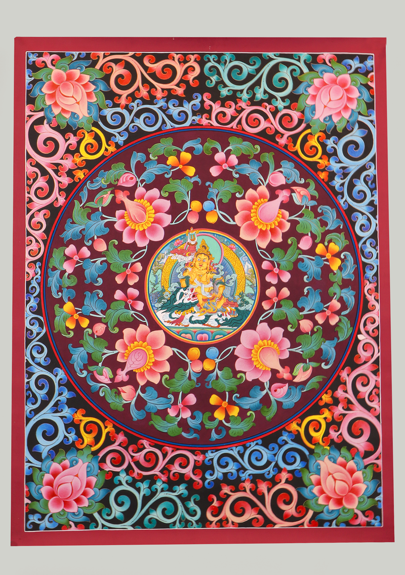 Yellow Dzambala  Flower Circle Thangka Painting