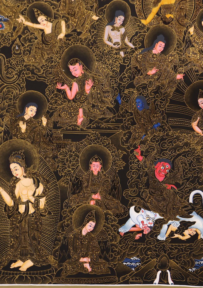 Guru Padmasambhva 24 K Gold with 24 Disciples Horizontal Thangka Painting