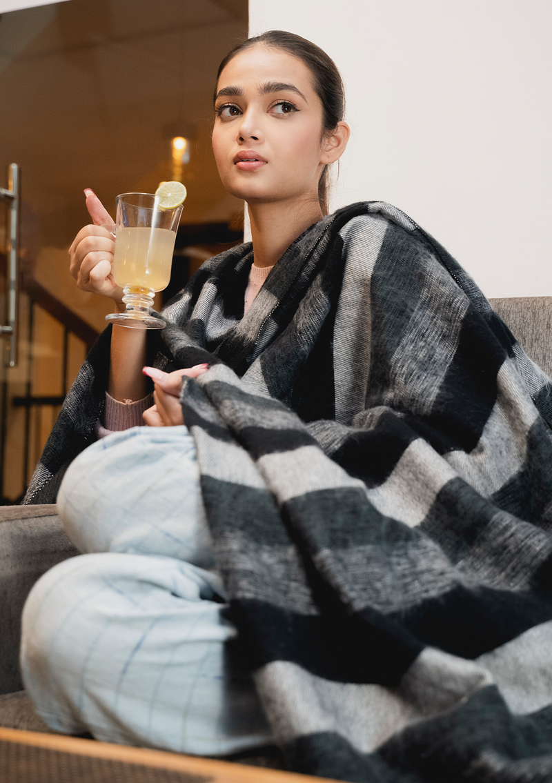 Black and Beige Stripe Hand-loomed Soft Yak Wool Blanket
