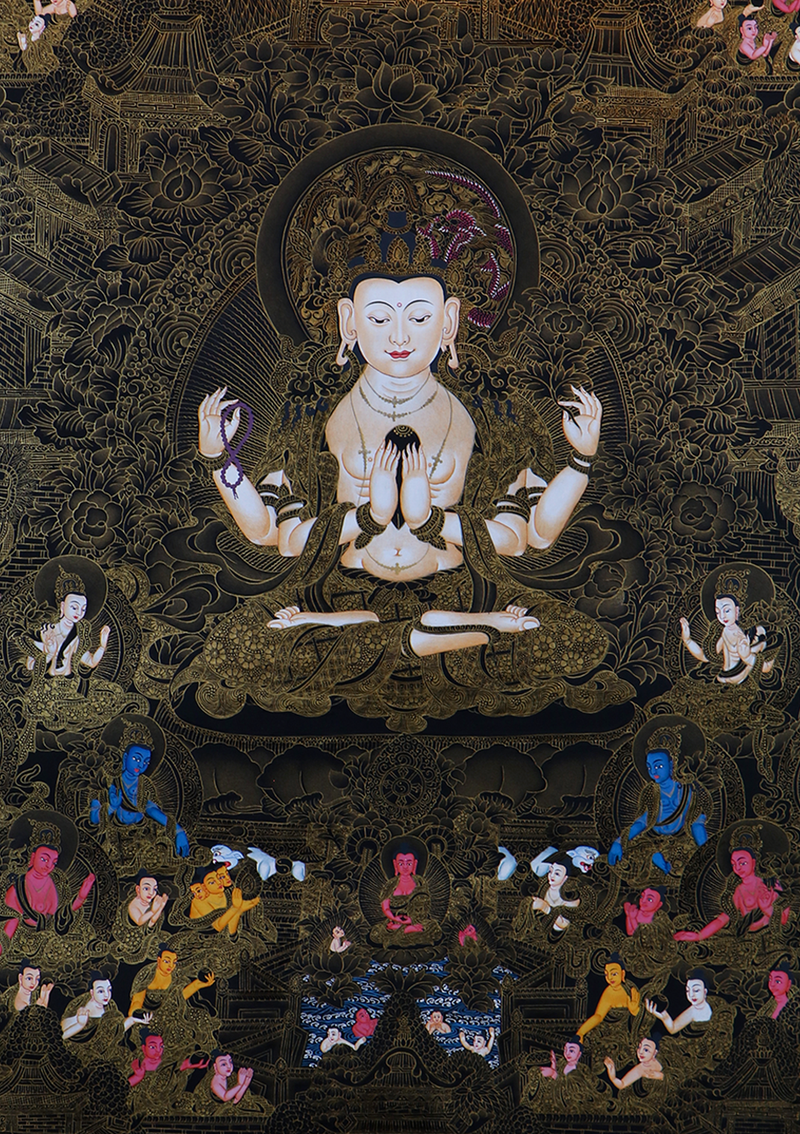 Black and Gold Chenrezig God of Compassion  & Disciples  Sacred Thangka Painting