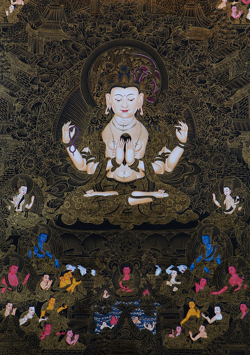 Black and Gold Chenrezig God of Compassion  & Disciples  Sacred Thangka Painting