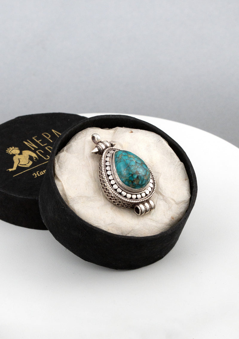 925 Silver Tibetan Ghau with Turquoise Stone Inlay