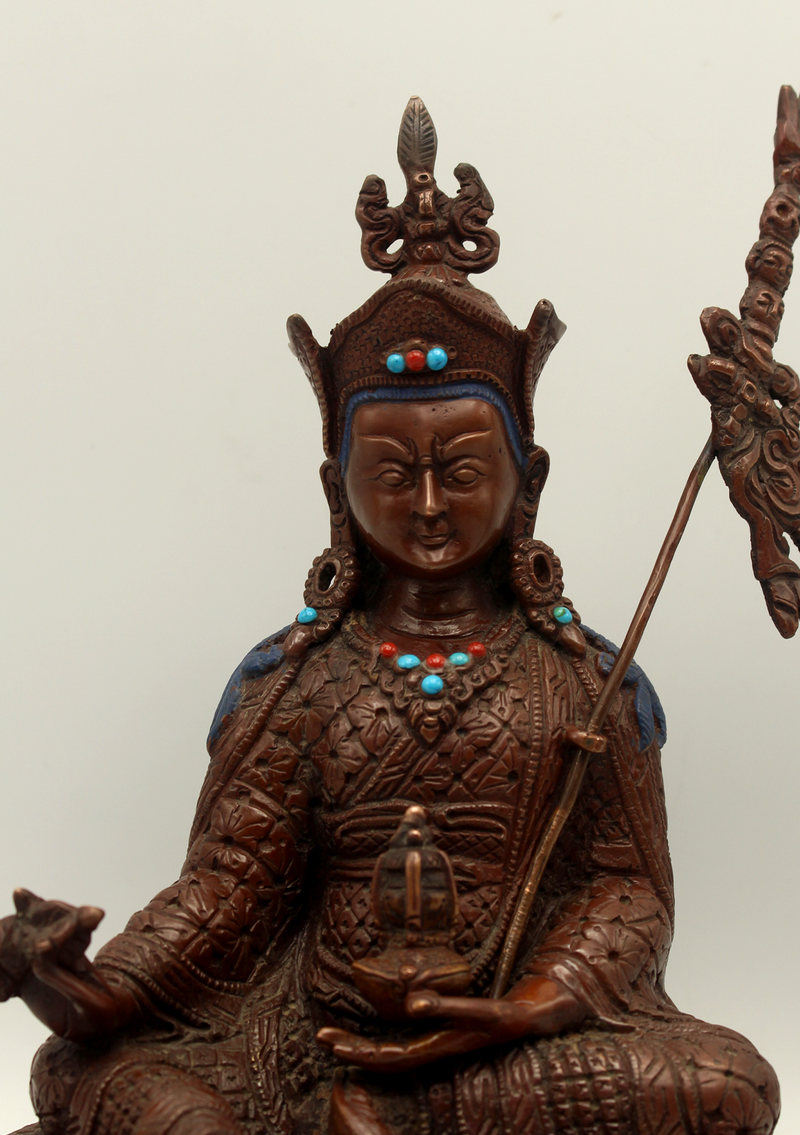 Stone Inlaid Copper Guru Padmasambhava Statue  8"H