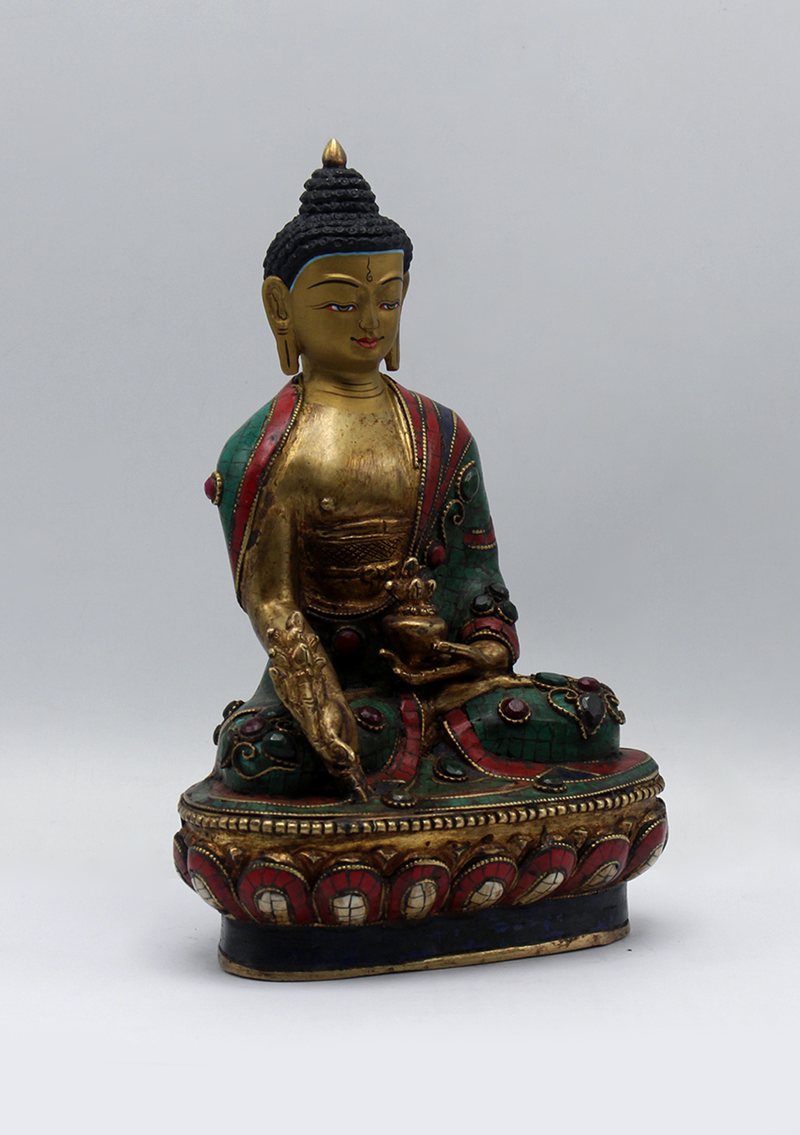 Stone Inlaid Copper Medicine Buddha Statue 8.5"H