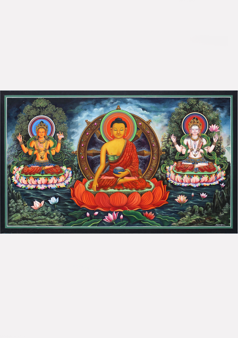 Shakyamuni Buddha with Chenrezig & Vairocana Thangka Painting
