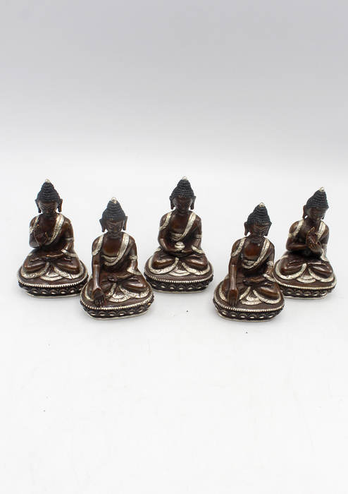 Copper Five Dhyani Buddhas with Silver Robe Statue, Panchha Buddha Statue