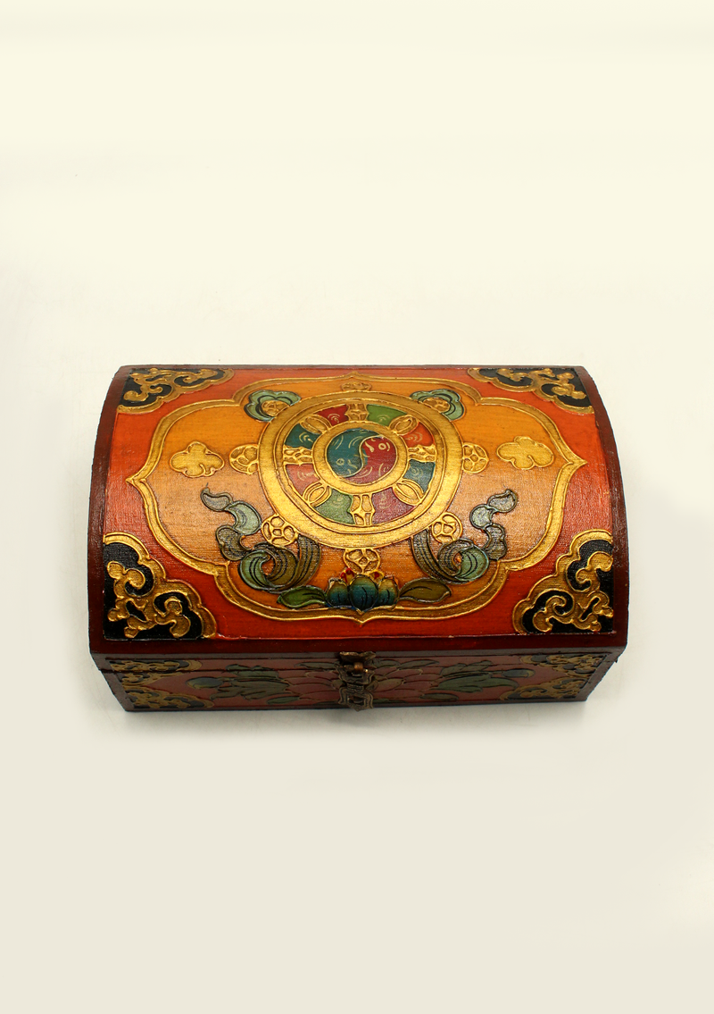 Handpainted Tibetan Wooden Dharma Wheel Optical Box