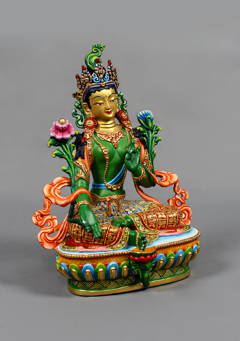 Green Tara Handpainted and Partly Gold Gilded Statue