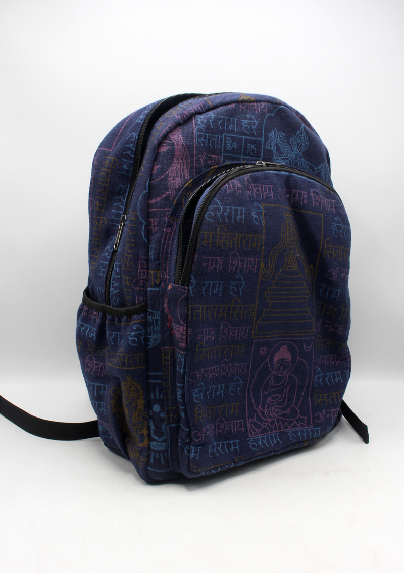 Hari Ram Hari Dark Blue Buddhist Print Rucksack
