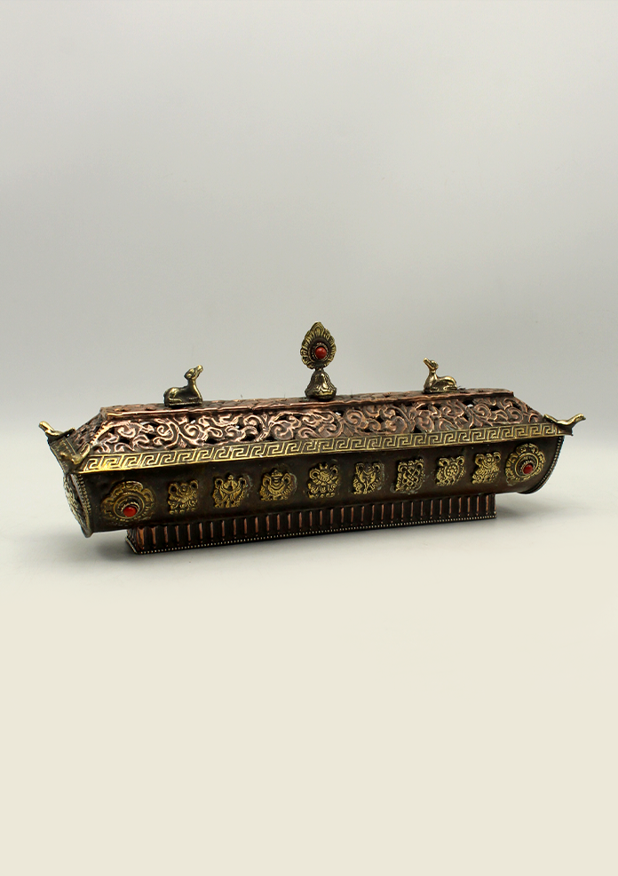 Coral Inlaid Tibetan Incense Burner with 8 Auspicious Symbols