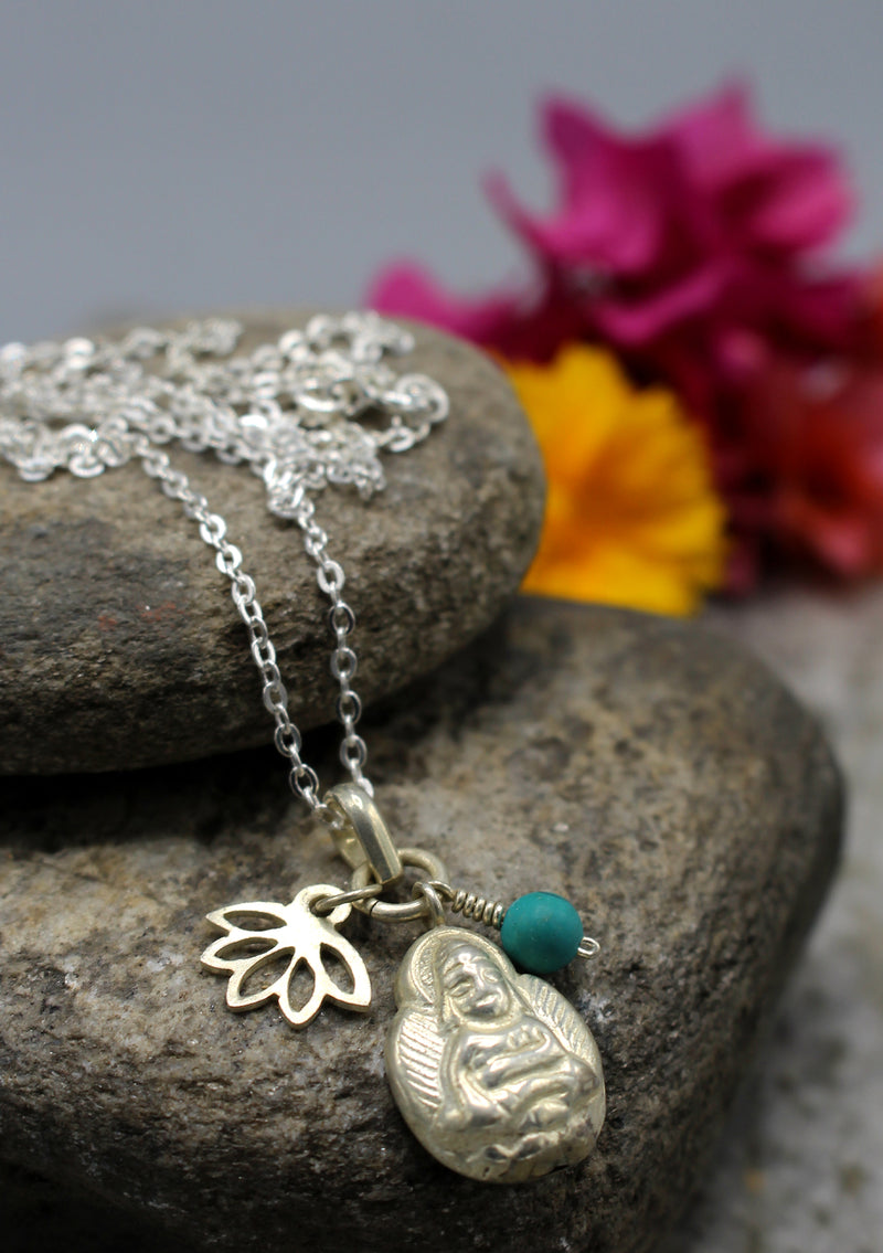 Buddha Pendant with Lotus and Turquoise Charms