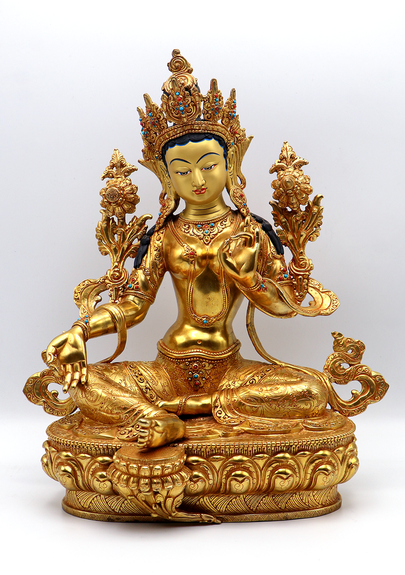 Green Tara Dolma 24 K Gold Stone Inlaid  Copper Statue 14"H