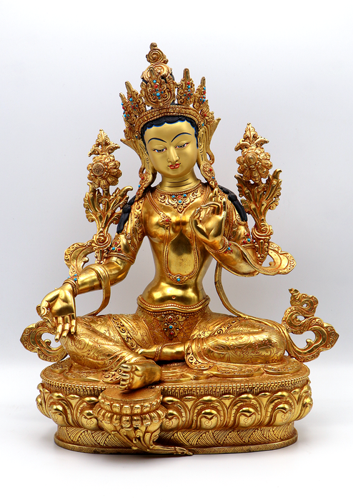 Green Tara Dolma 24 K Gold Stone Inlaid  Copper Statue 14"H