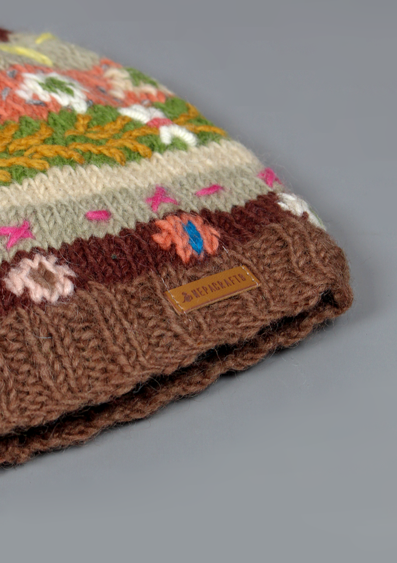 Handknitted Earthy Tone Flower Pattern Woolen Beanie