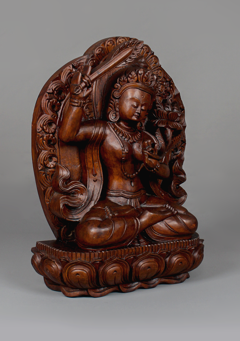 Manjushree Fine Carving Wooden Statue 12"H