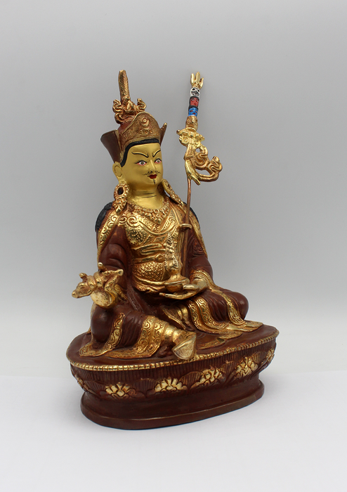 Guru Padmasambhava Copper Partly Gold Plated Statue 8"H