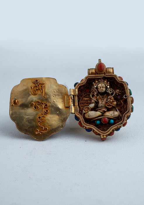 925 Silver Tibetan Double Ghau with Gold Plating - Green Tara & White Tara