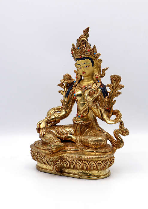 Full Gold Plated Copper Filigree Green Tara Statue 9"H