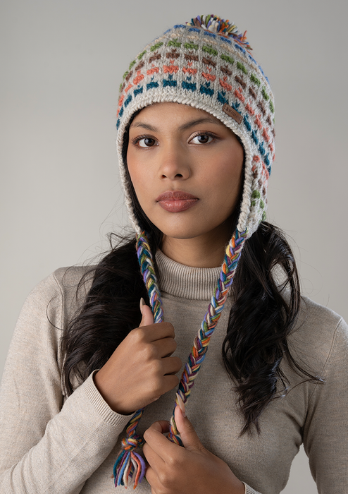 Handknitted Beige Multicolor Dotted Pompom Sherpa Cap