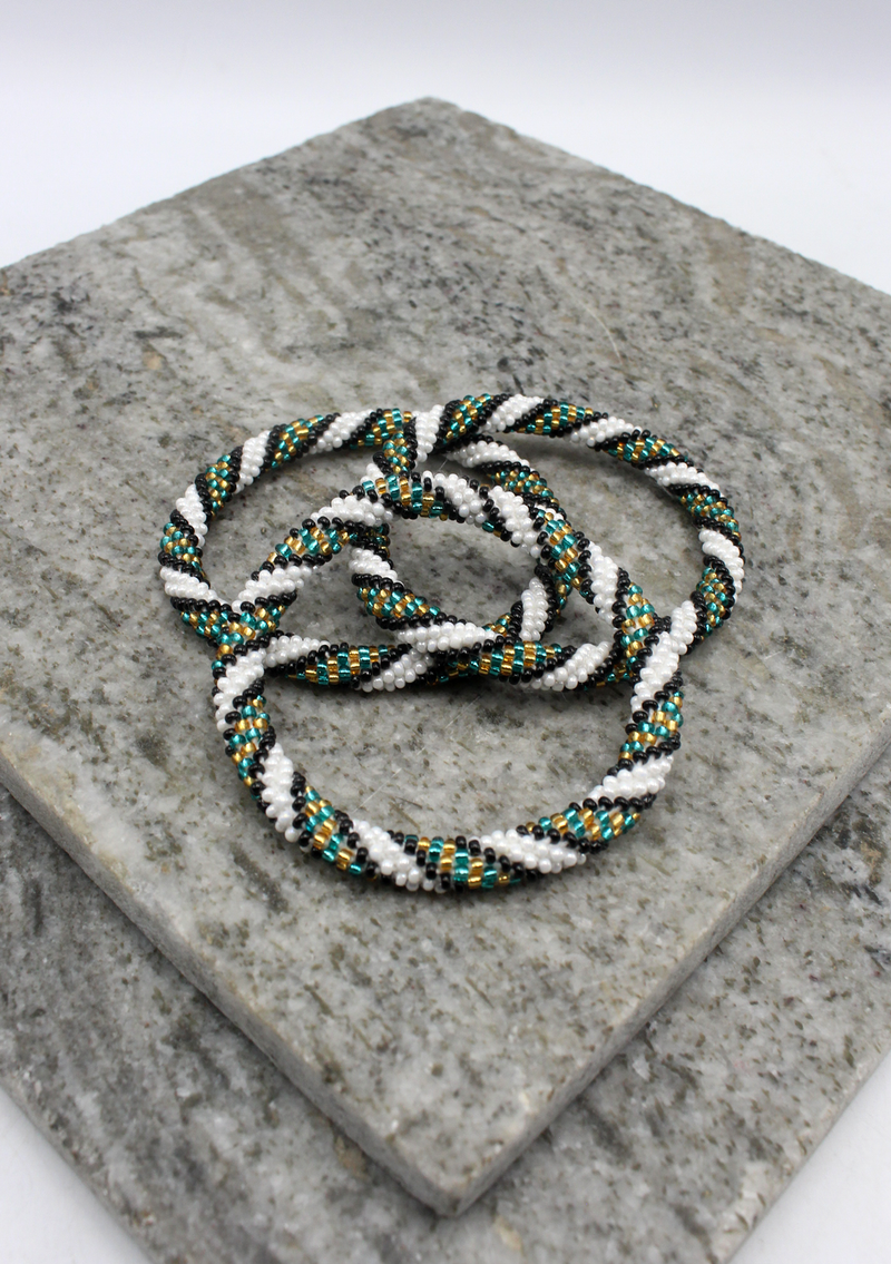 Black and White Gold Stripe Nepalese Roll on Beads Bracelet