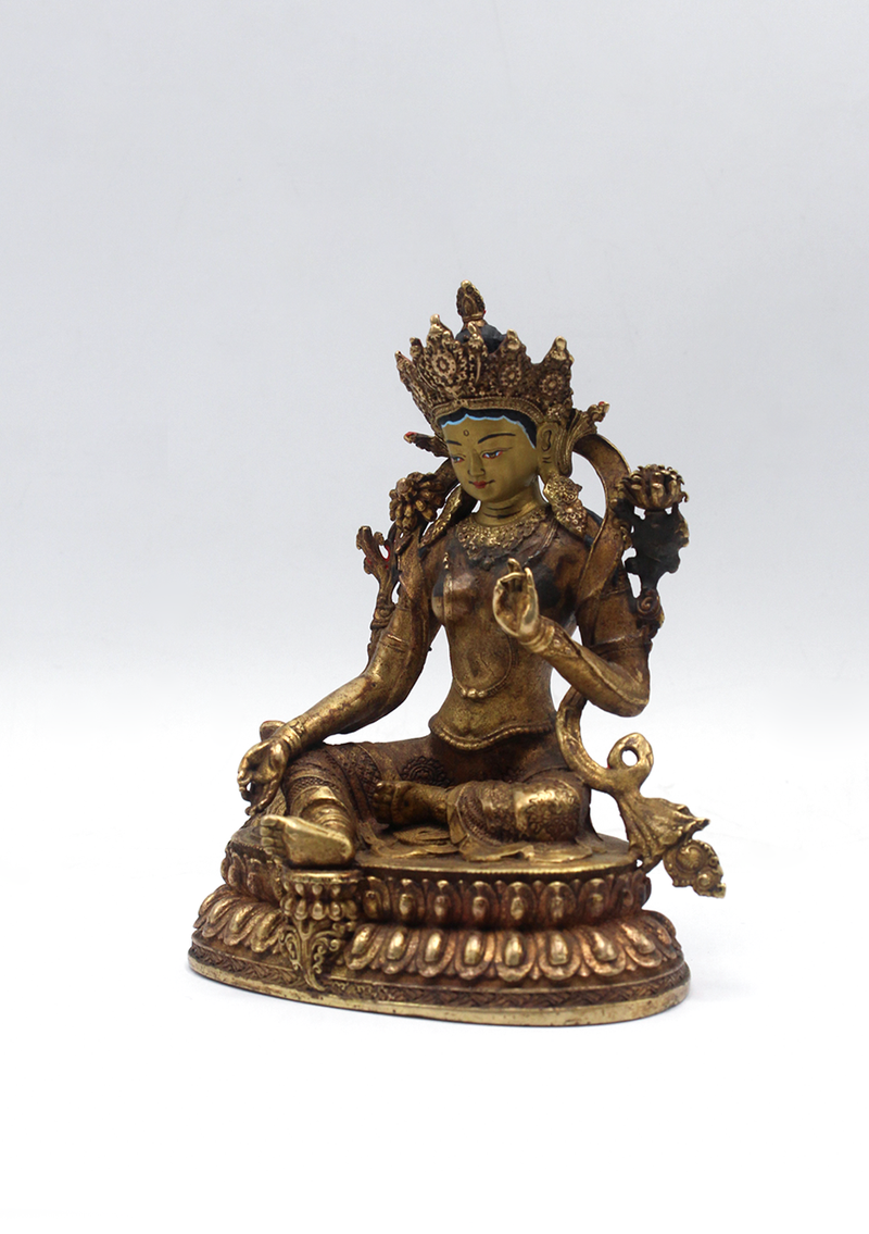 Gold Plated Copper Green Tara Statue 5"H