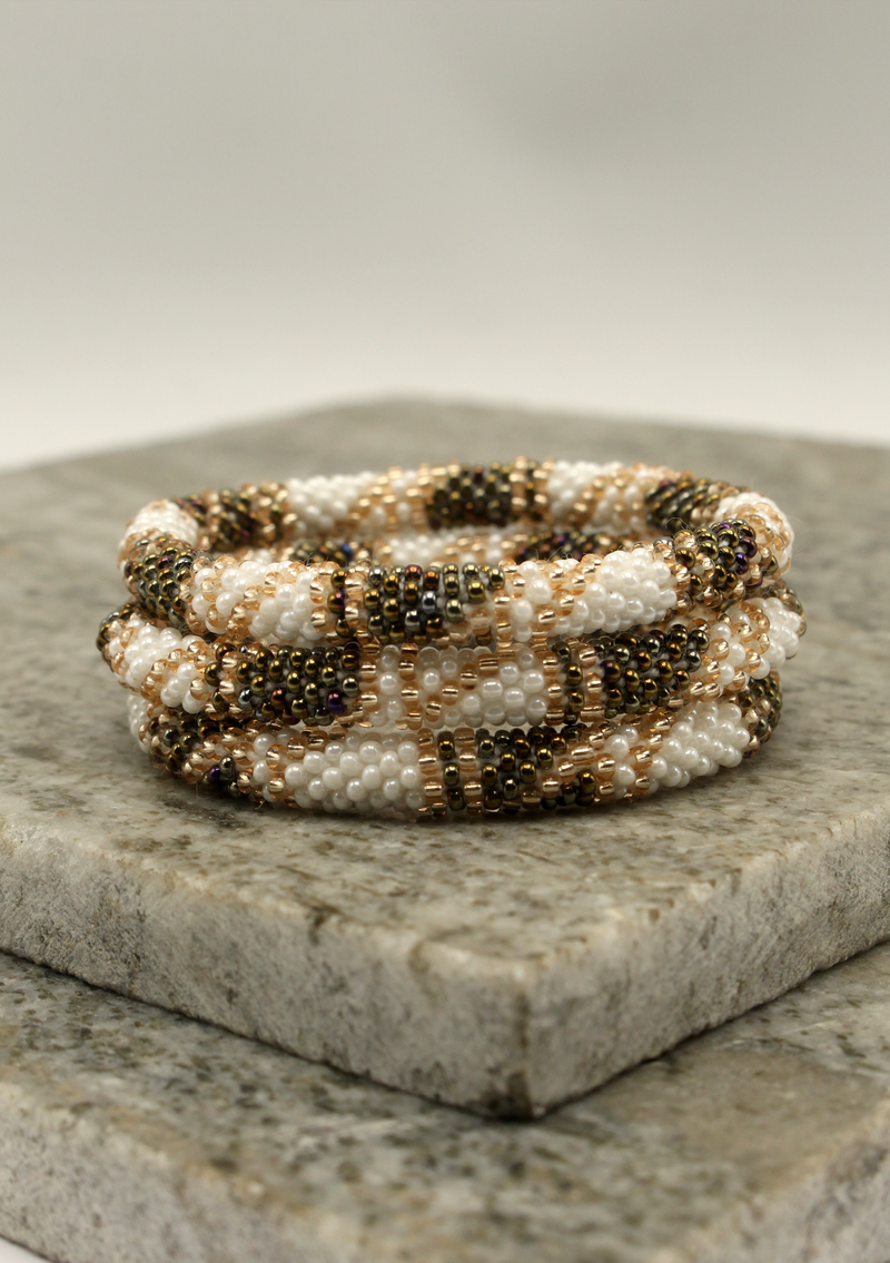 White Golden Stripe Roll Beads Bracelet