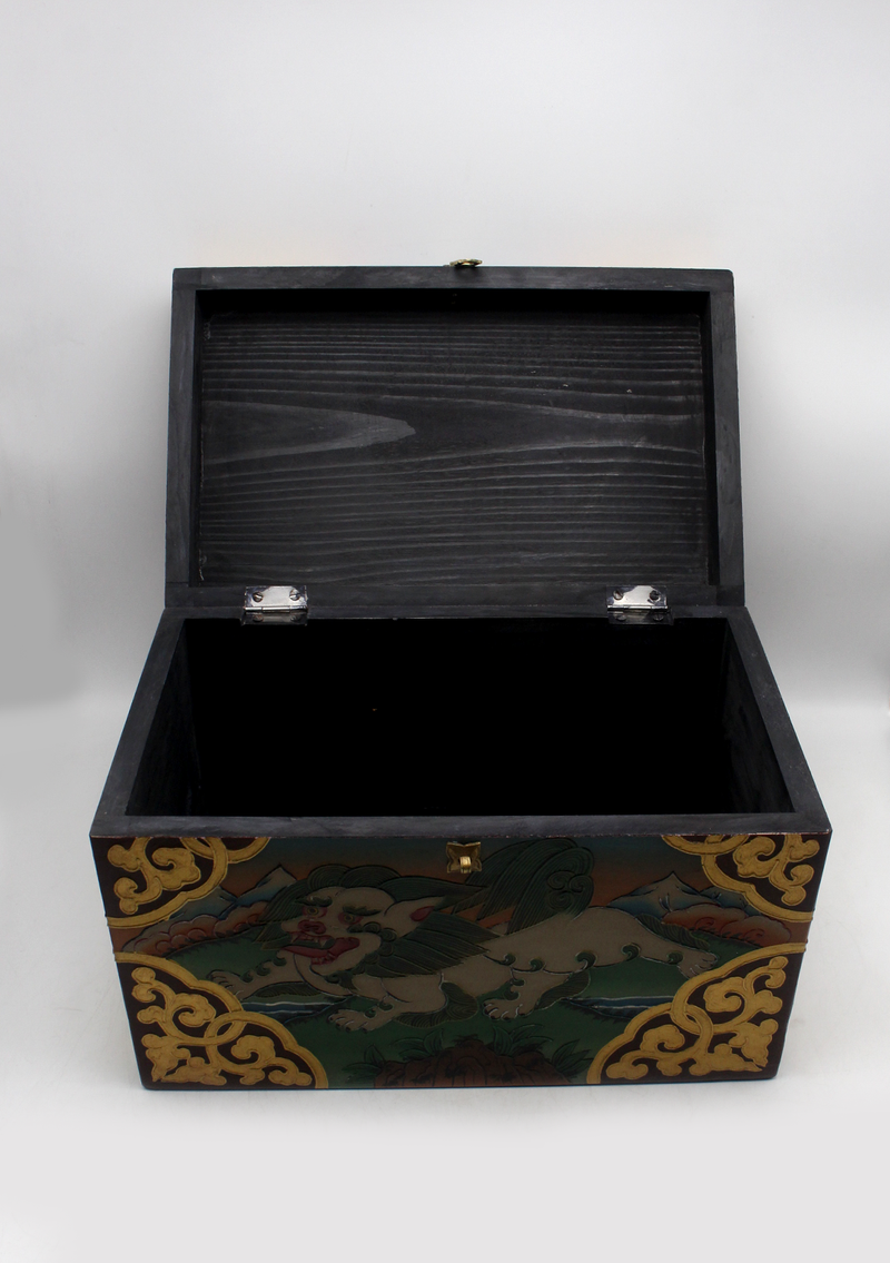 Snow Lion Handpainted Tibetan Wooden Box 14.5"