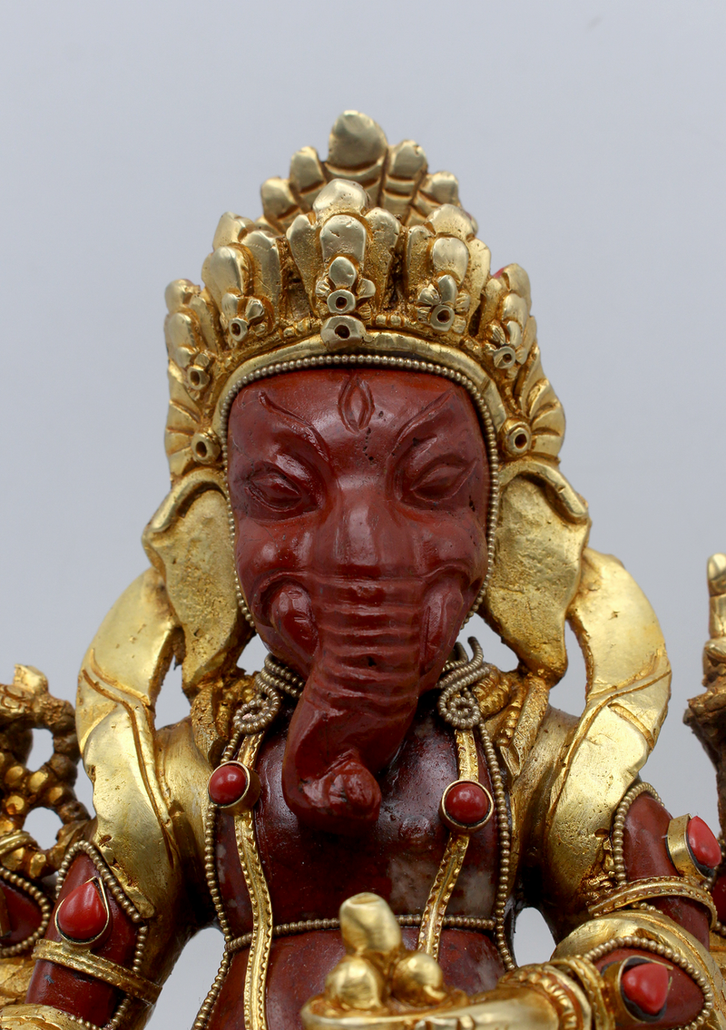 Coral  Jasper Gold Plated Ganesha Statue 8"H