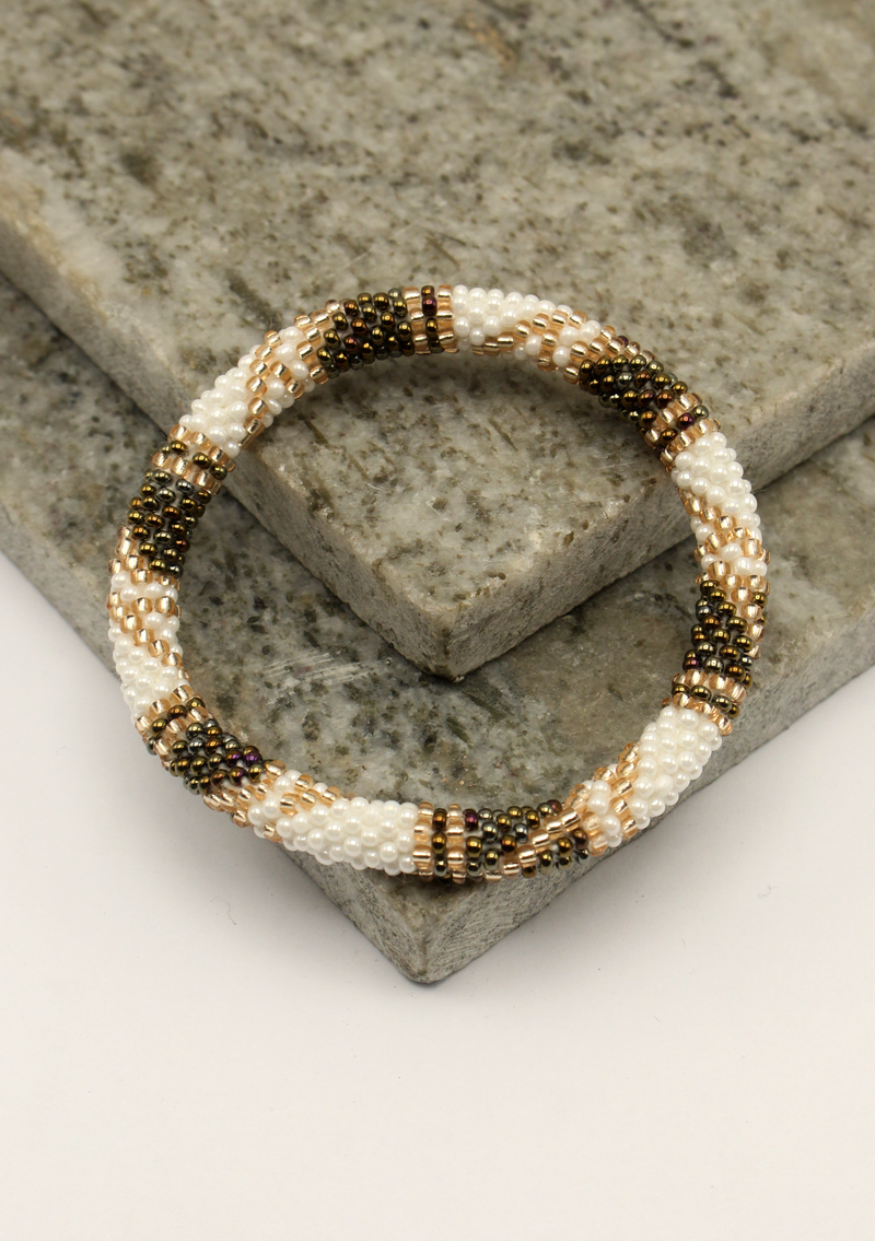 White Golden Stripe Roll Beads Bracelet