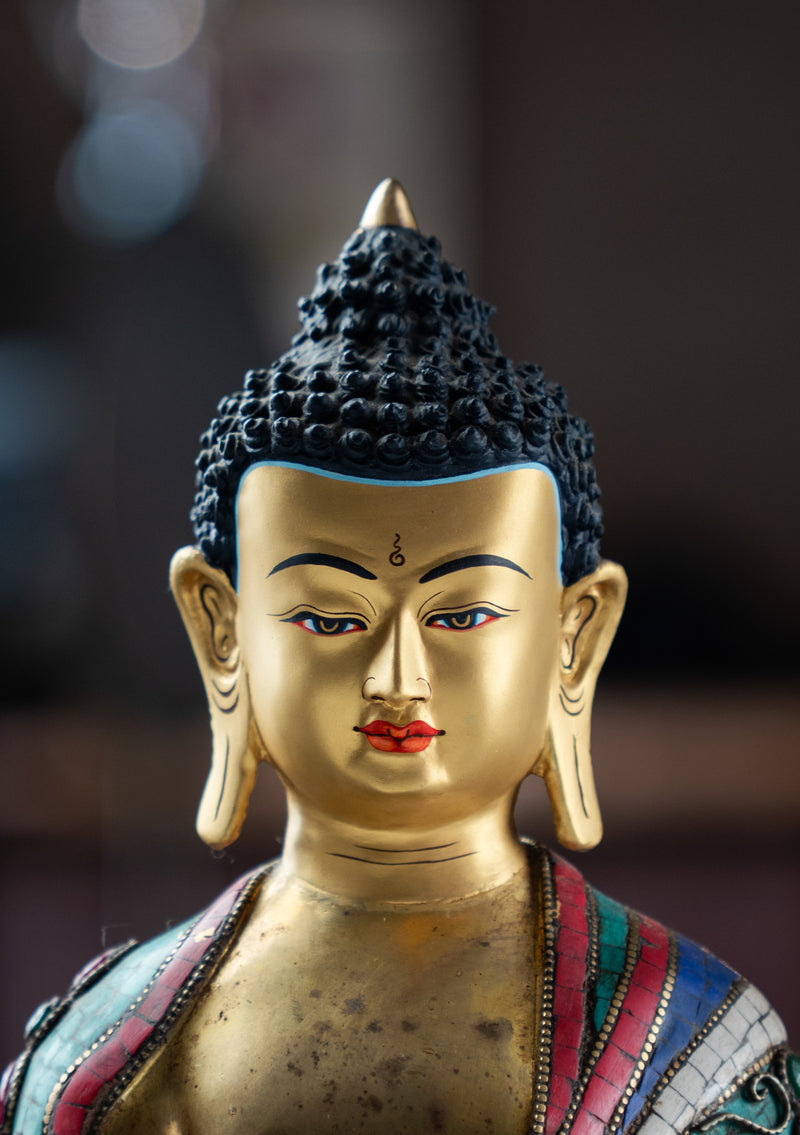 13" Shakyamuni Buddha Statue with Turquoise & Coral Inlay | Handmade in Nepal