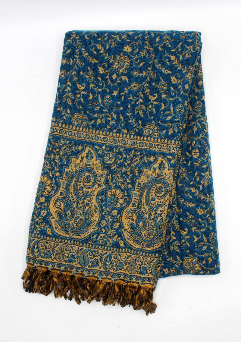 Hand loomed Large Leaf Blue Woolen Shawl