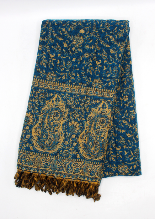 Hand loomed Large Leaf Blue Woolen Shawl