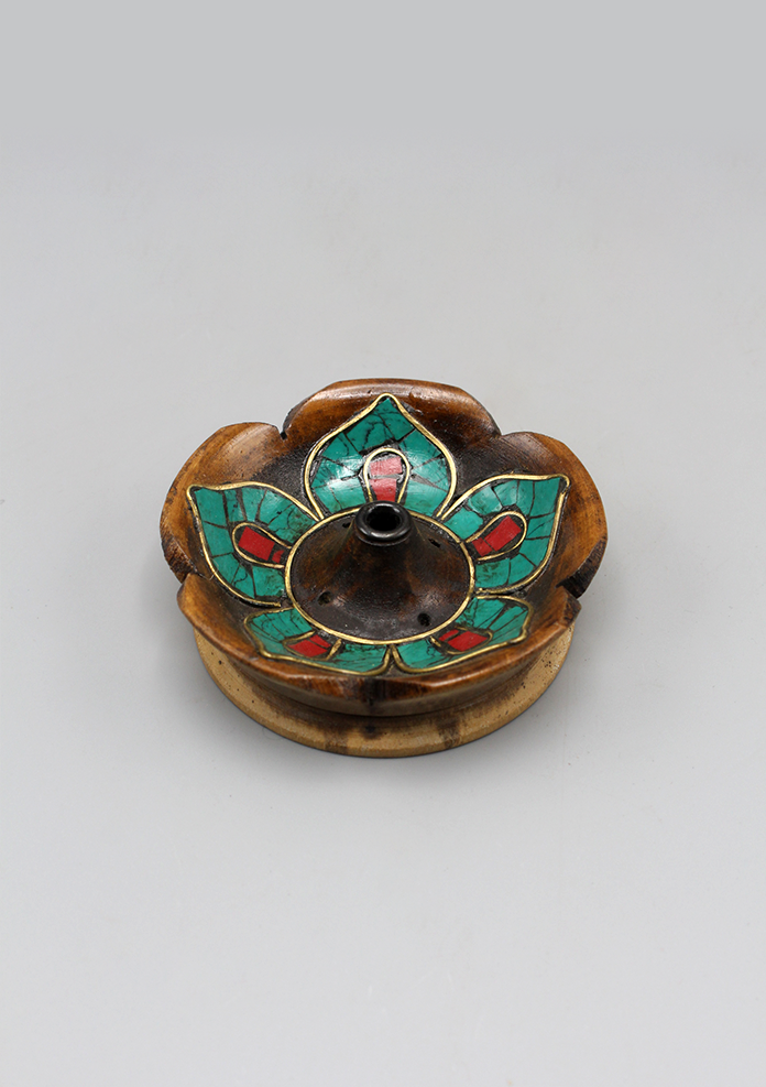 Turquoise Inlaid Tibetan Wooden Circular Incense Burner