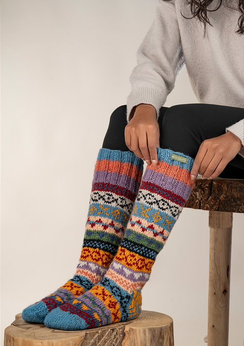 Orange Blue Multicolor Woolen Knee High Socks