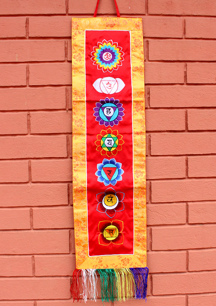 Seven Chakra Embroidered Red Polyester Wall Hanging Banner
