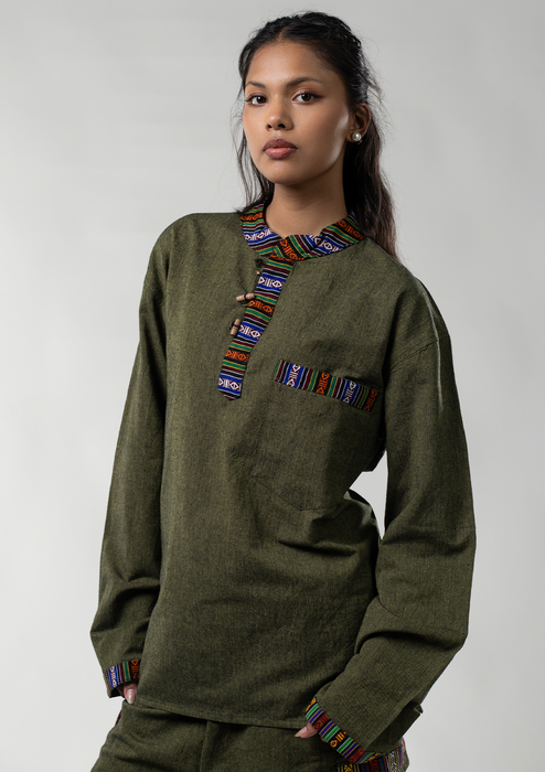 Bhutanese Pattern Cotton Kurta  Shirt - Olive Green